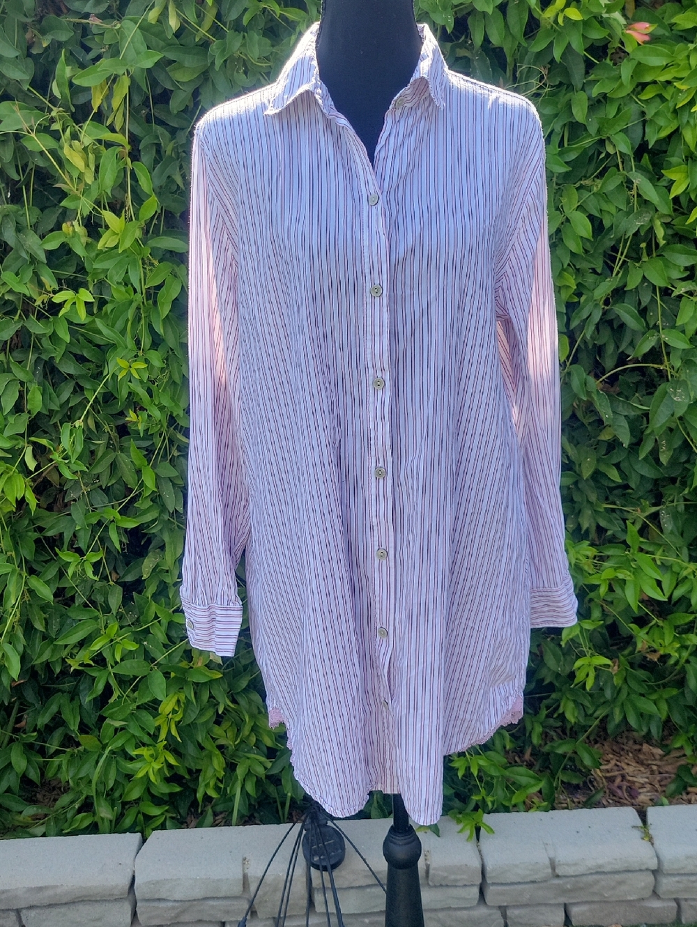 Victoria's Secret Pink and White Thin Striped Button-Front Sleep Shirt M